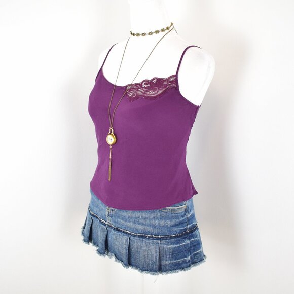 00s Y2K Max Studio Purple 100% Silk w Floral Lace Trim Cami Slip Top Sz Medium - Picture 2 of 7